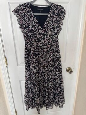 Banana Rebublic Dress Black V Neck Pink Floral Flutter Sleeve 6